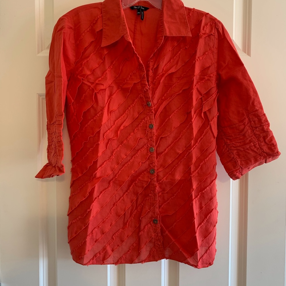 EUC* Top: Fun Diagonal Fringe, Button Down, Ruched 2/3-Sleeves - Picture 7 of 12